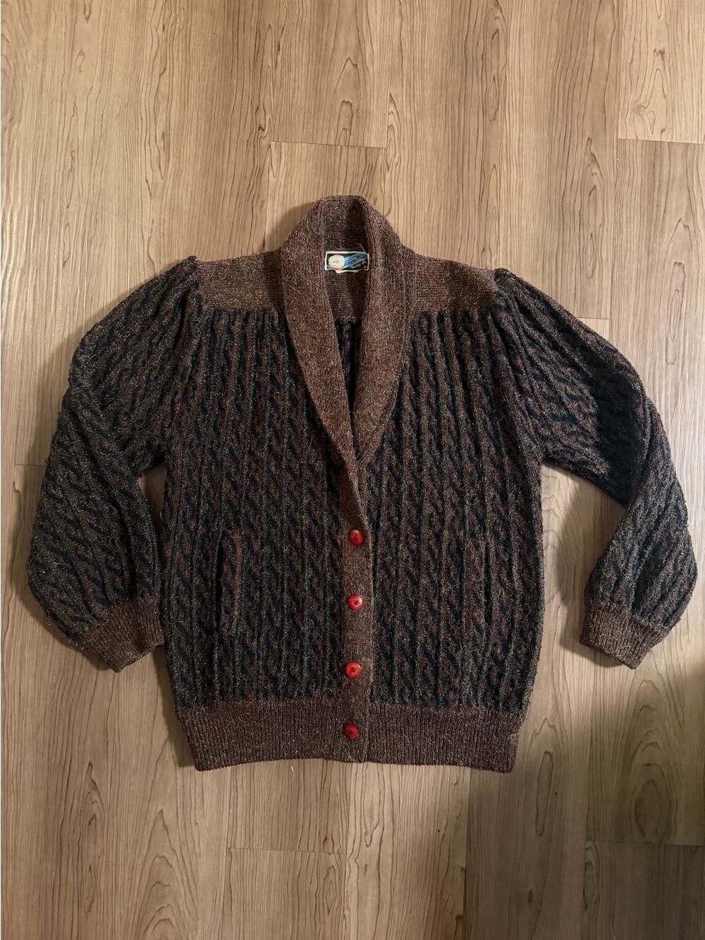 Gorgeous Vintage Brown Shawl Collar Wool Cardigan w/sparkly thread | Medium